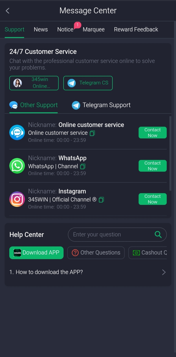 Win 345 Game customer support 